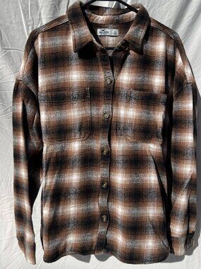 Hollister Womens Plaid Long Sleeve Button Down Shirt Brown Black White Size L